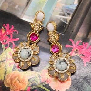 Vintage Estate Opal & AB Crystal Frog & Flower Gold Drop Earrings